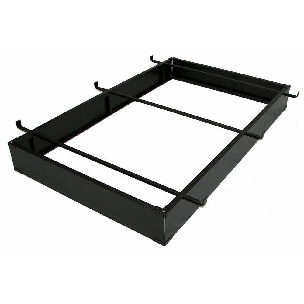 . A black metal frame with four evenly spaced metal bars, creating a structured design.
