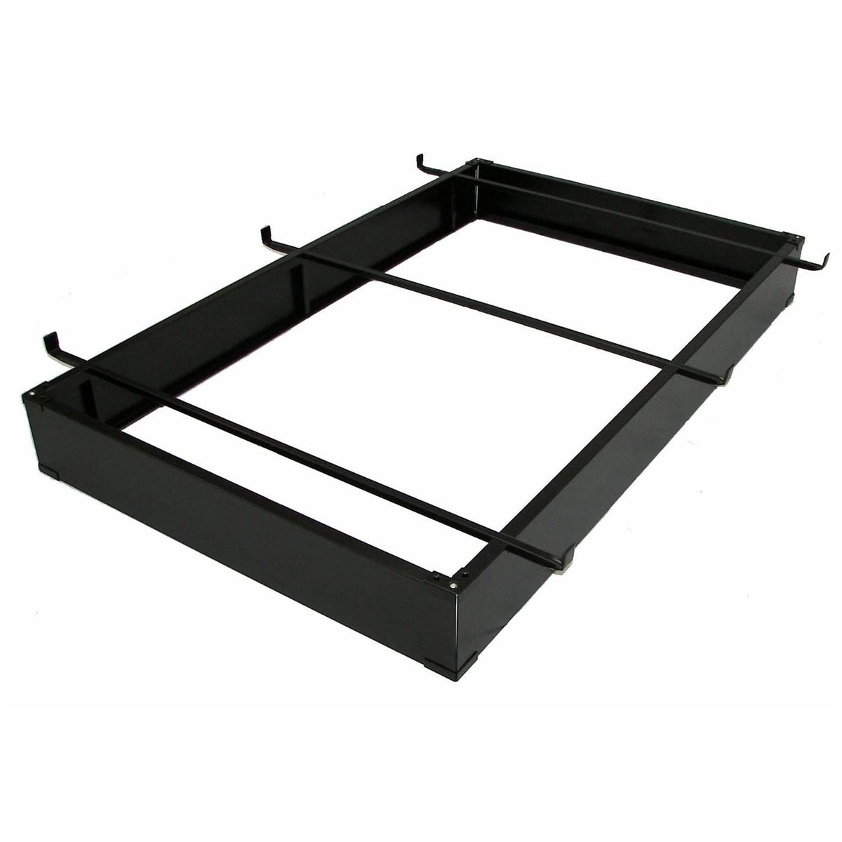 . A black metal frame with four evenly spaced metal bars, creating a structured design.

