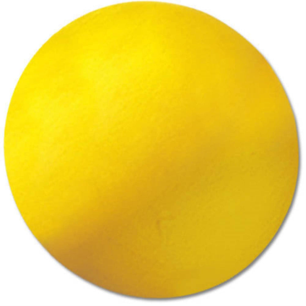A bright yellow ball resting on a plain white background.