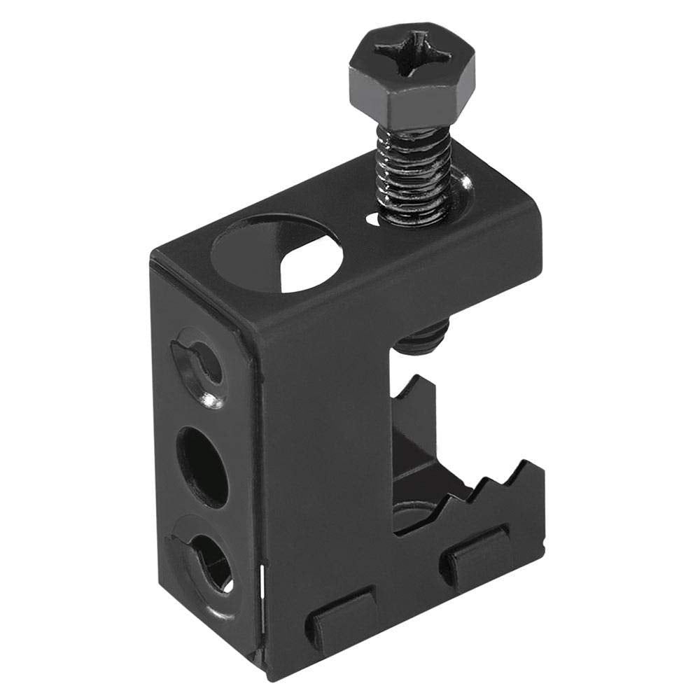 A black metal clamp with an adjustable screw and nut, used for fastening materials securely.