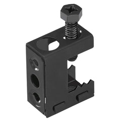 A black metal clamp with an adjustable screw and nut, used for fastening materials securely.