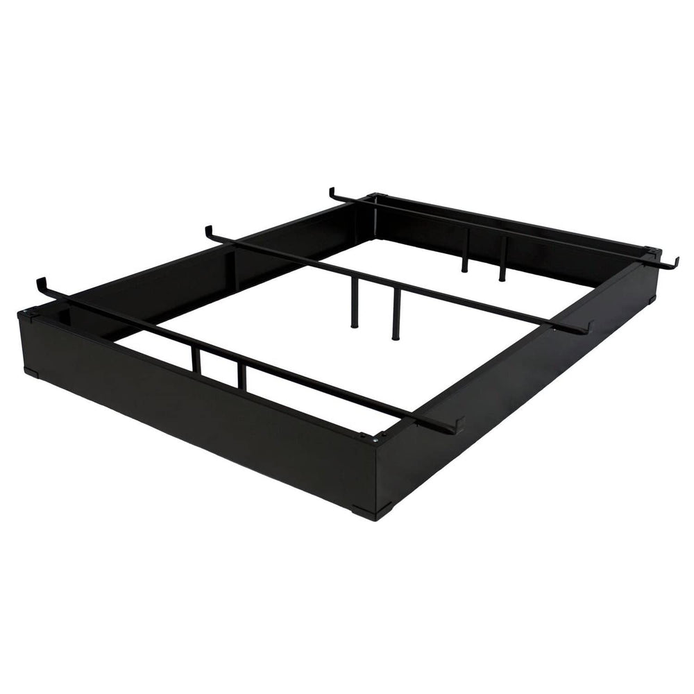 A sleek black metal bed frame with four horizontal metal bars for added stability.