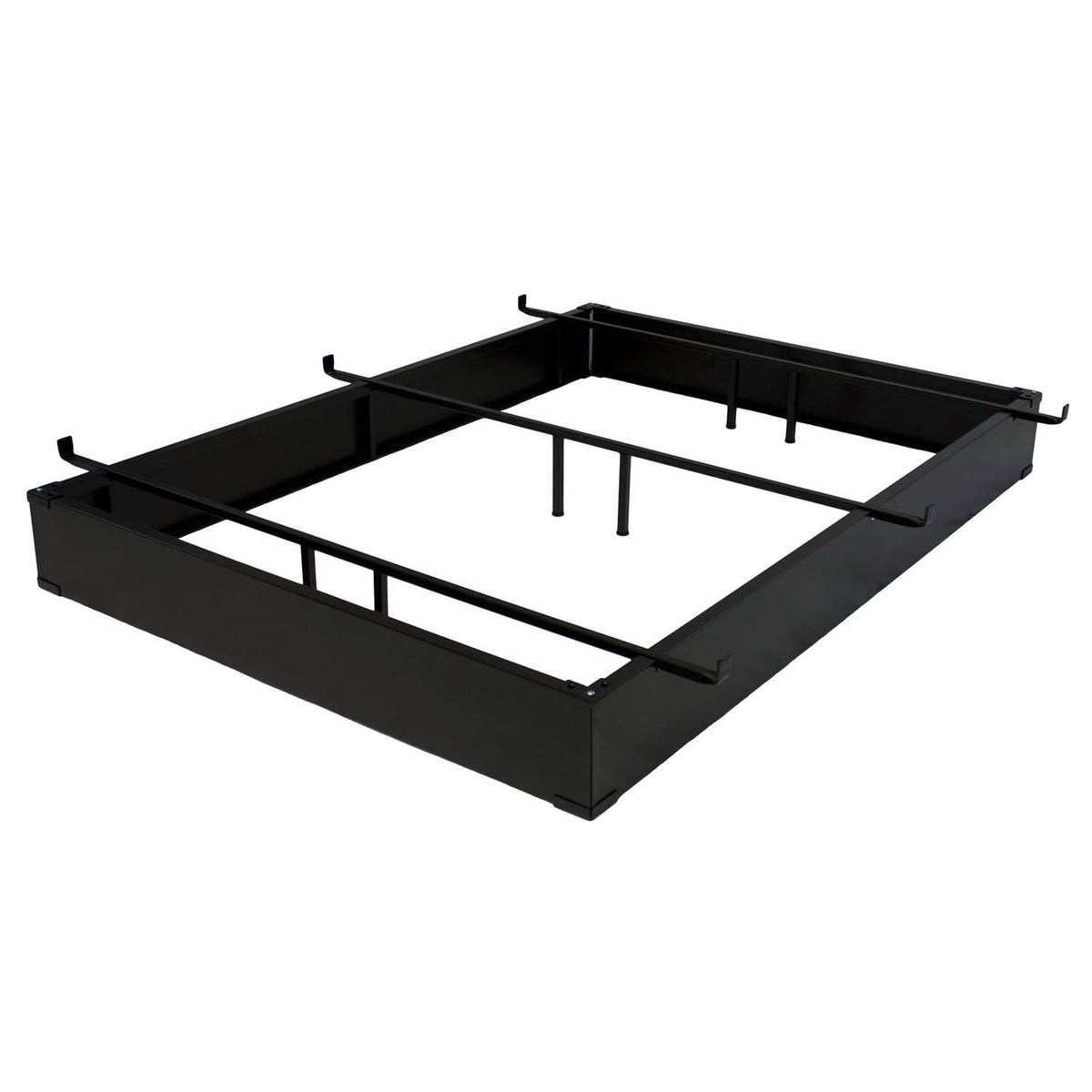 A sleek black metal bed frame with four horizontal metal bars for added stability.