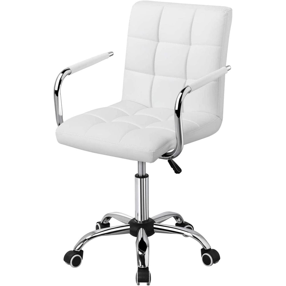 A sleek white office chair with chrome wheels and arms, ideal for modern workspaces and enhanced user support.