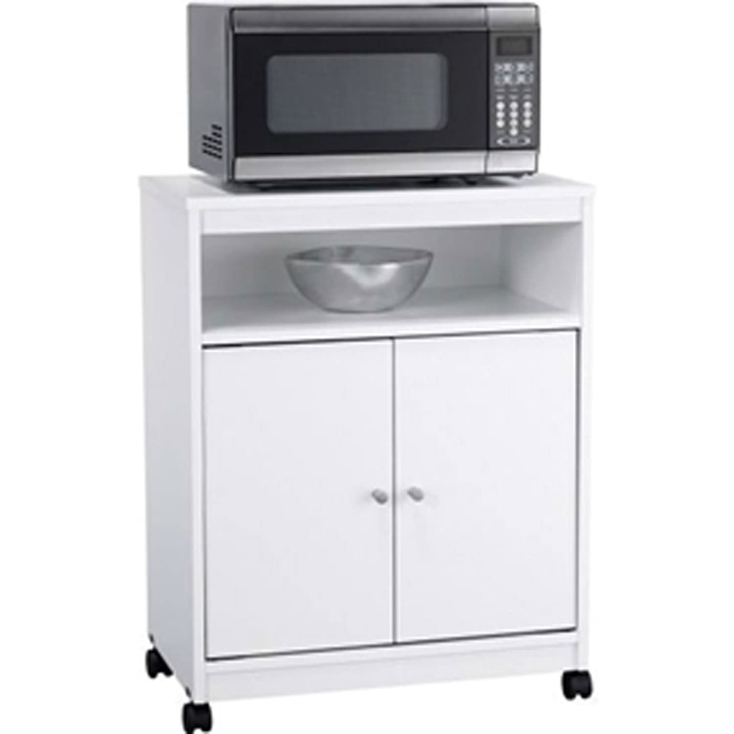 A white cabinet holds a microwave, with a bowl placed on top, showcasing a simple kitchen arrangement.
