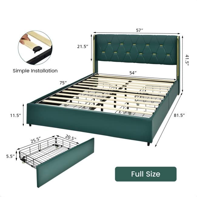 Full Green/Gold Linen Headboard 4-Drawer Storage Bed