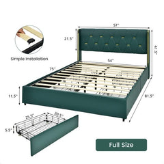 Full Green/Gold Linen Headboard 4-Drawer Storage Bed
