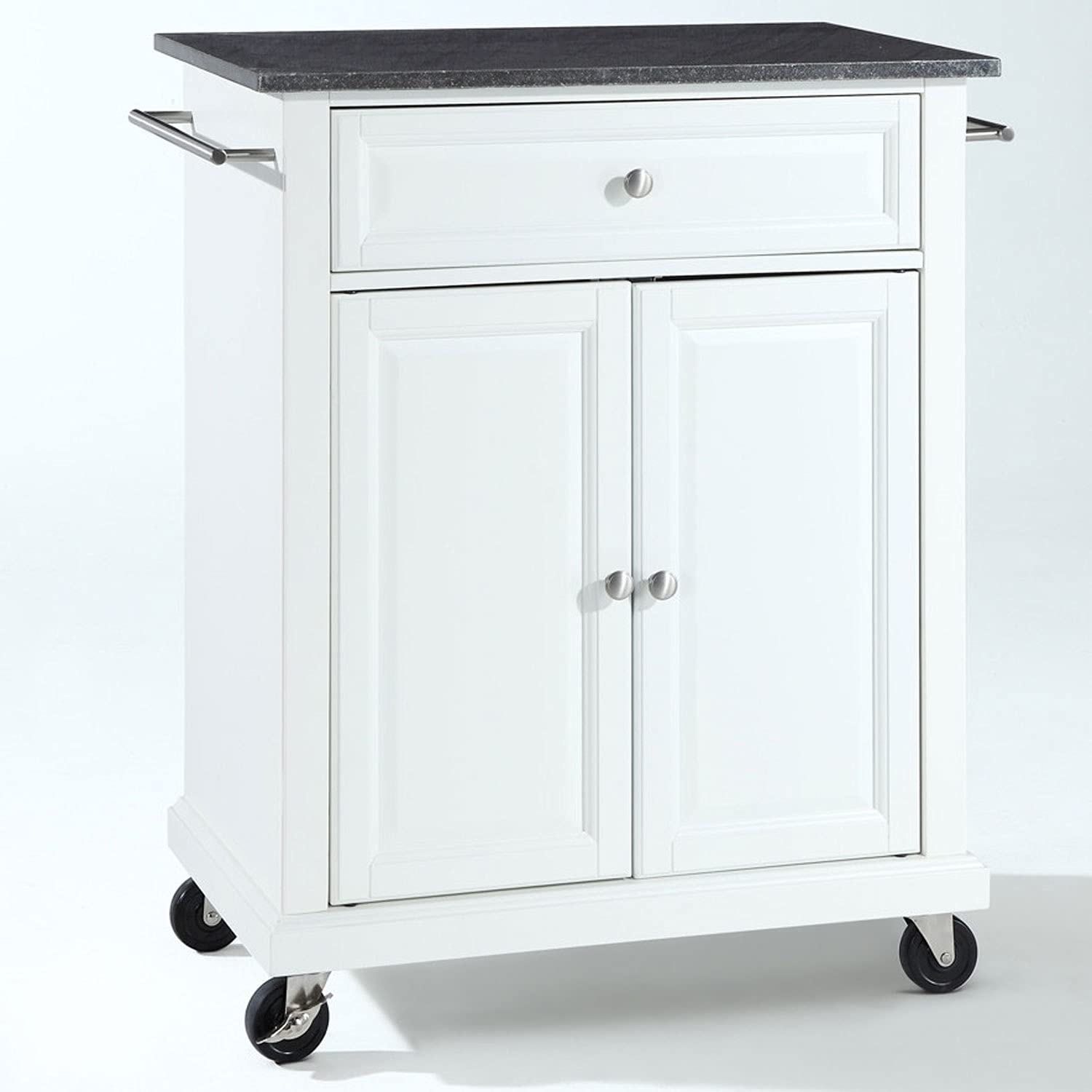 Fast Furnishings White Kitchen Cart with Granite Top & Locking Casters