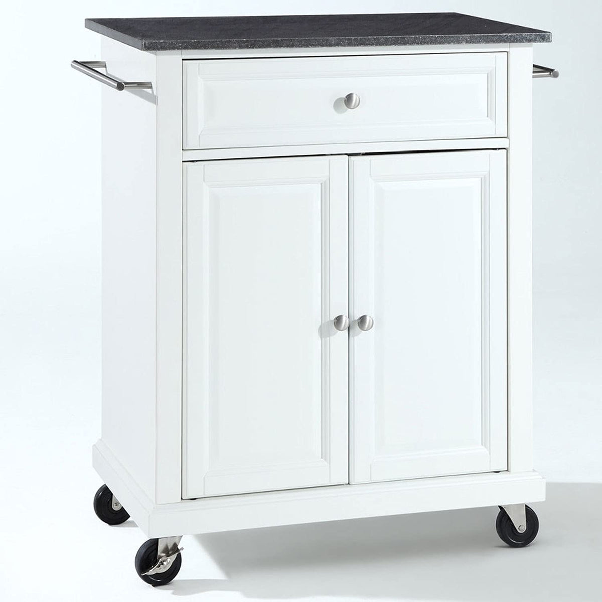 Fast Furnishings White Kitchen Cart with Granite Top & Locking Casters