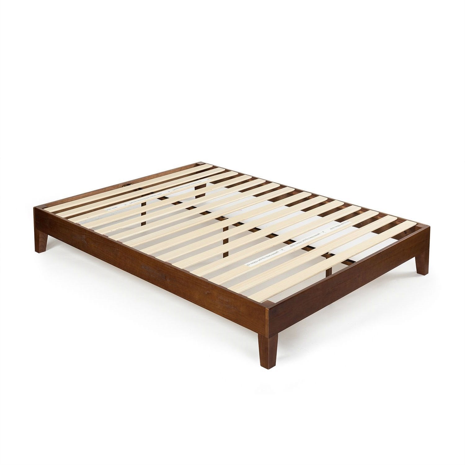 A bed frame constructed with wooden slats, designed to provide sturdy support for a mattress.