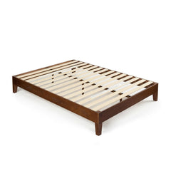 A bed frame constructed with wooden slats, designed to provide sturdy support for a mattress.