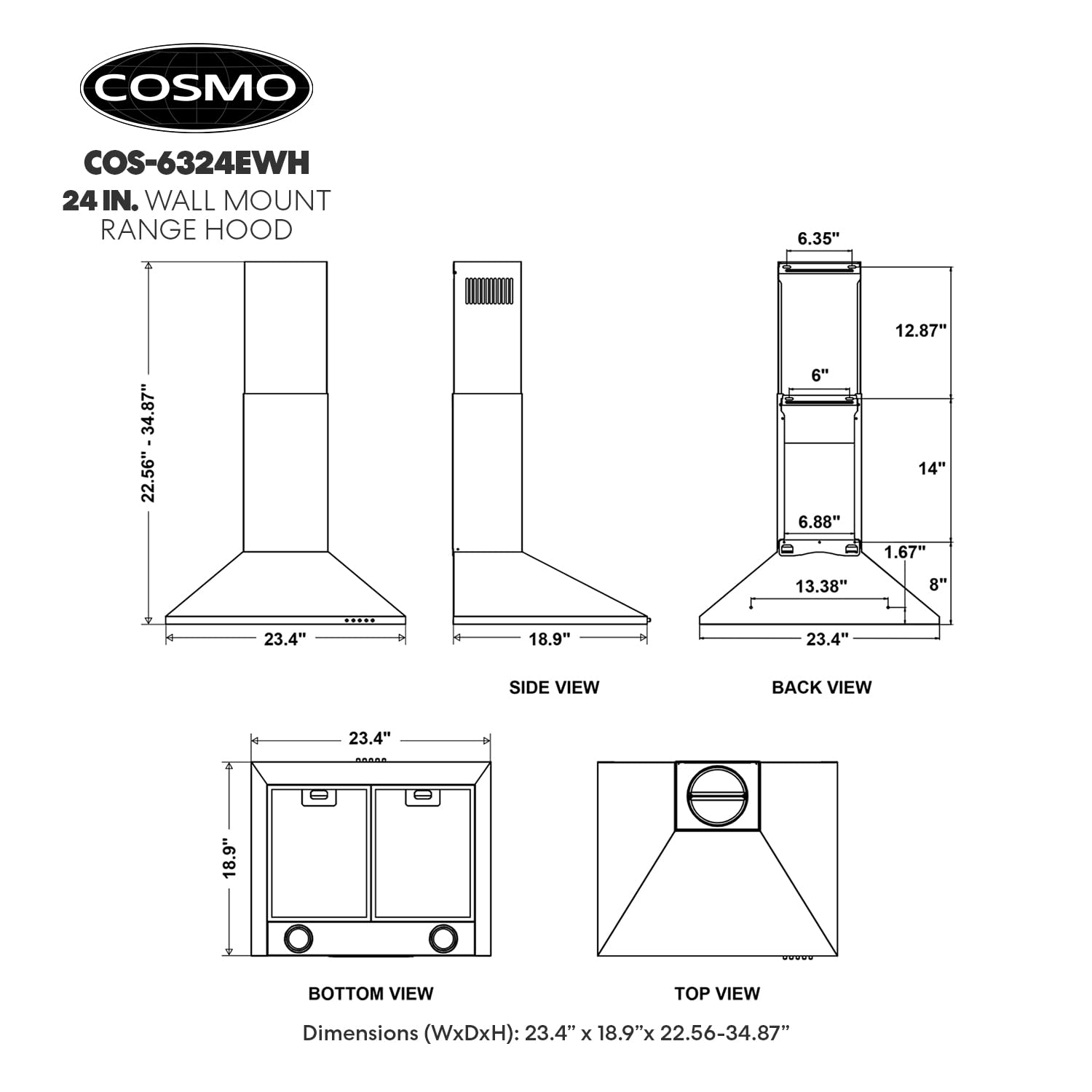 COS-6324EWH 24 in. Nebula Collection 220 CFM Ducted Wall Mount Range Hood, Button Controls, LED Lights, Stainless Steel