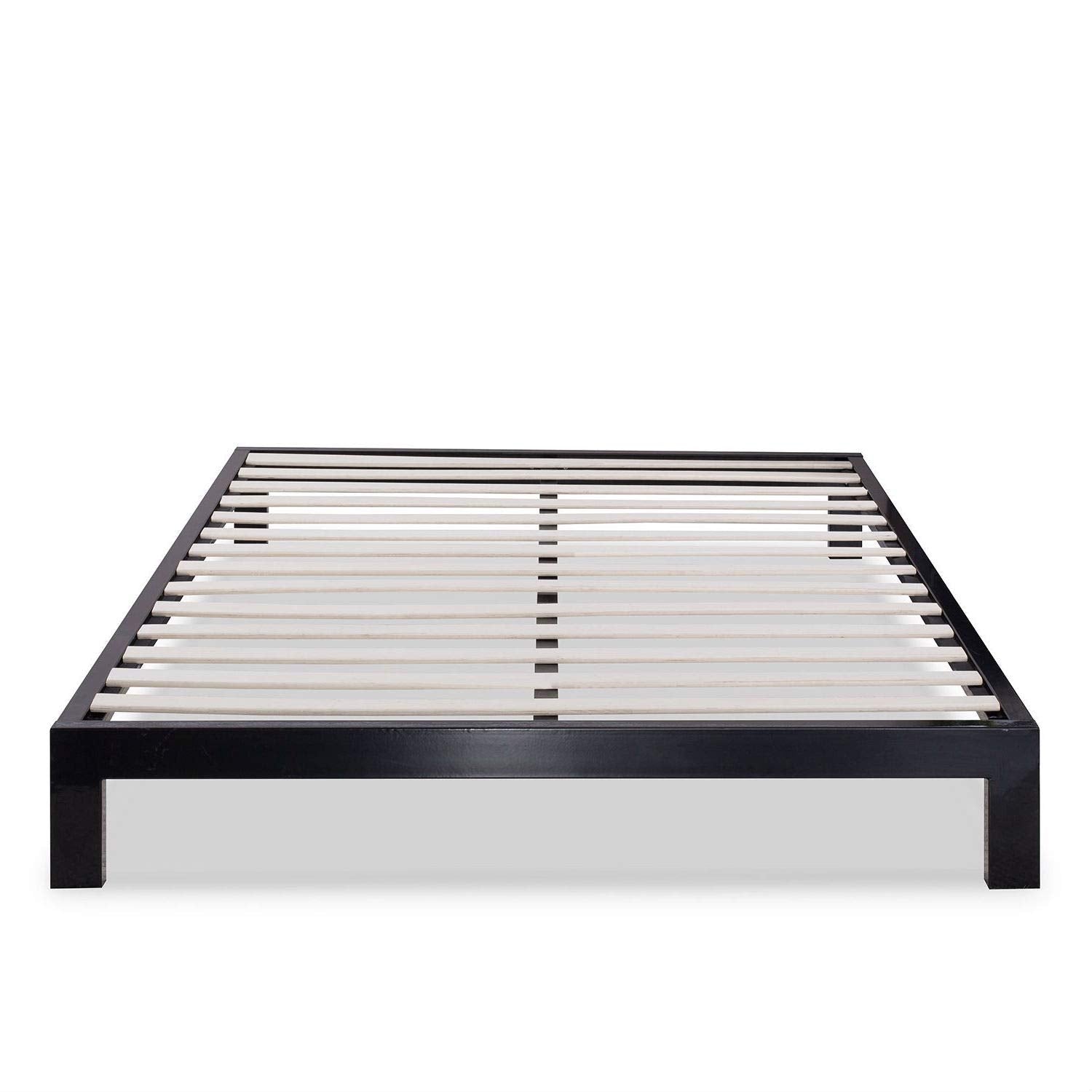 A stylish black metal bed frame adorned with white slats, highlighting a clean and modern look.