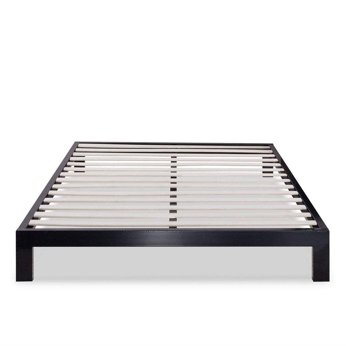 A stylish black metal bed frame adorned with white slats, highlighting a clean and modern look.