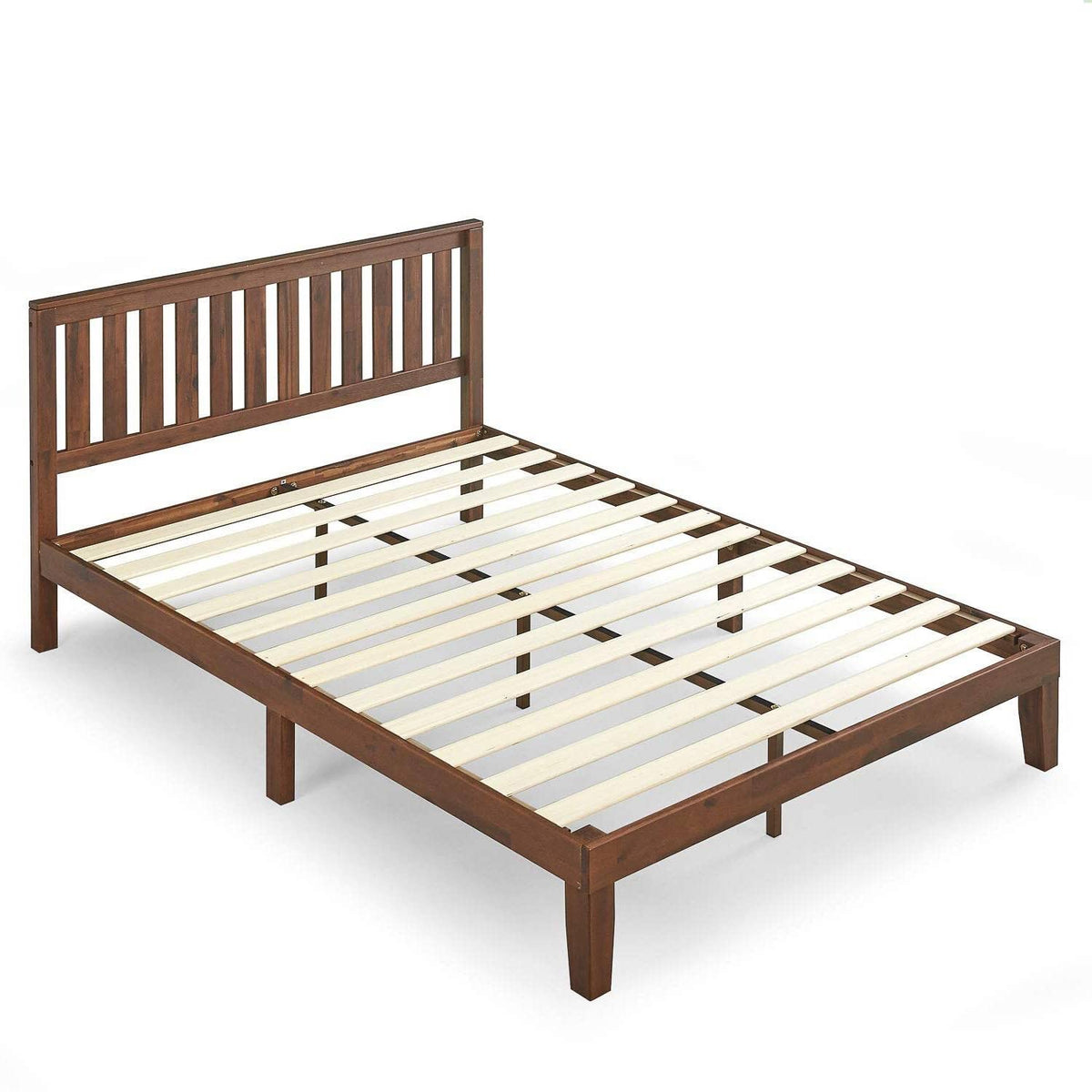 A wooden bed frame with slats and a headboard, designed for durability and style in a contemporary bedroom setting.