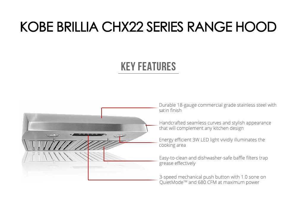 CHX2236SQB-1 Brillia 36-inch Under Cabinet Range Hood, 3-Speed, 680 CFM, Warm LED Lights, Baffle Filters, Top & Rear Exhaust