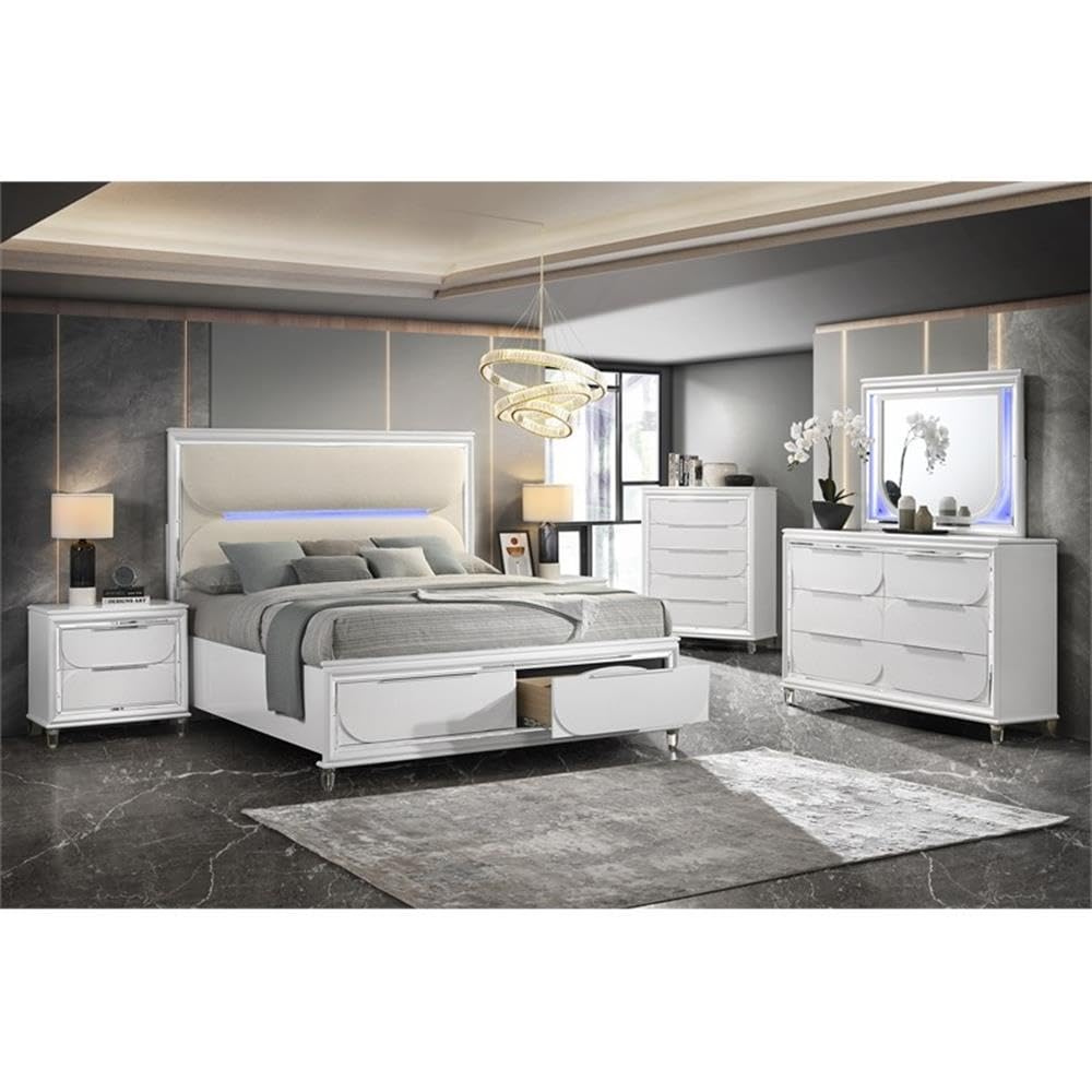 Tarian Rectangular Wooden Frame Mirror with LED in Pearl White