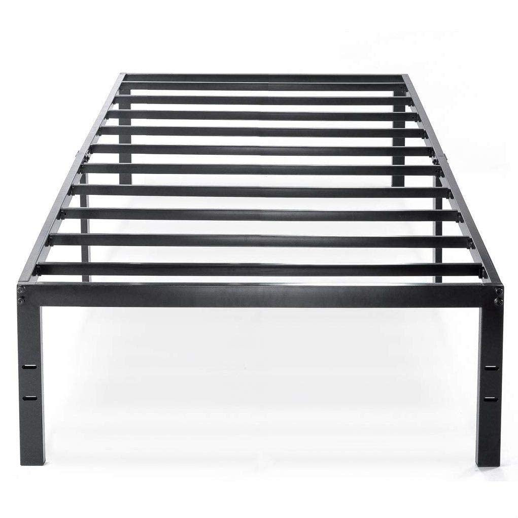A sturdy metal bed frame with elegant black slats, suitable for contemporary interior design.