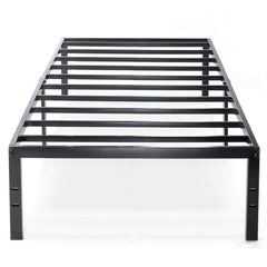 A sturdy metal bed frame with elegant black slats, suitable for contemporary interior design.