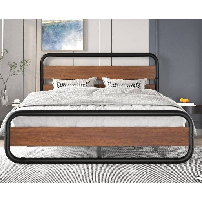 Contemporary bed frame with a stylish wooden headboard and footboard, emphasizing modern aesthetics.