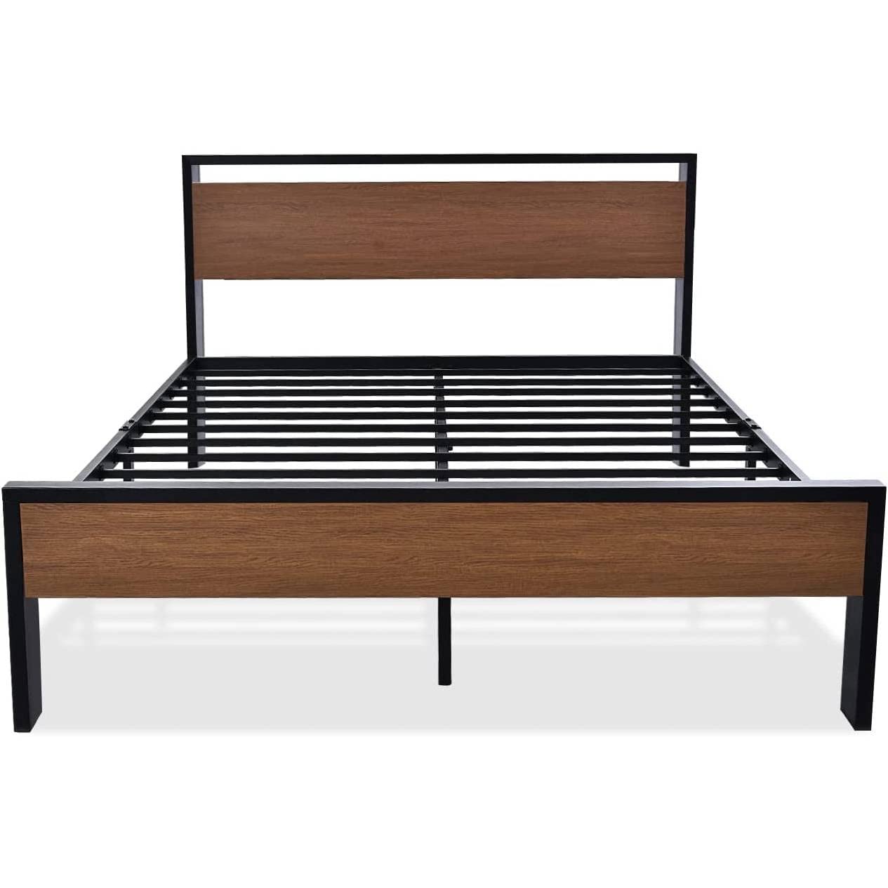 A stylish bed frame with a wooden headboard complemented by a durable metal frame, ideal for contemporary interiors.