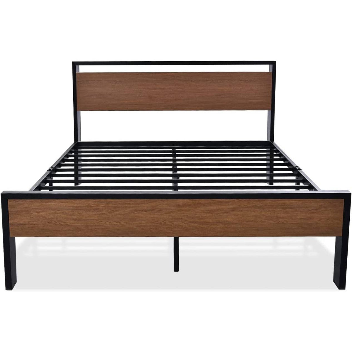 A stylish bed frame with a wooden headboard complemented by a durable metal frame, ideal for contemporary interiors.