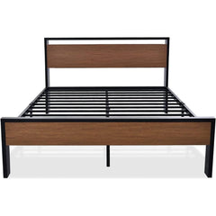 A stylish bed frame with a wooden headboard complemented by a durable metal frame, ideal for contemporary interiors.