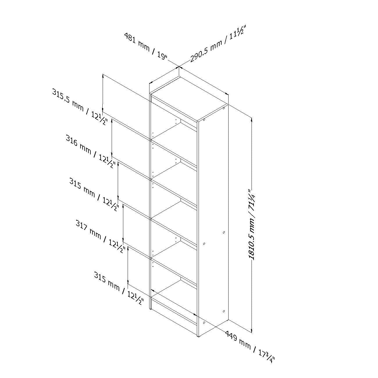 5-Shelf Narrow White Wood Bookcase Storage Shelves