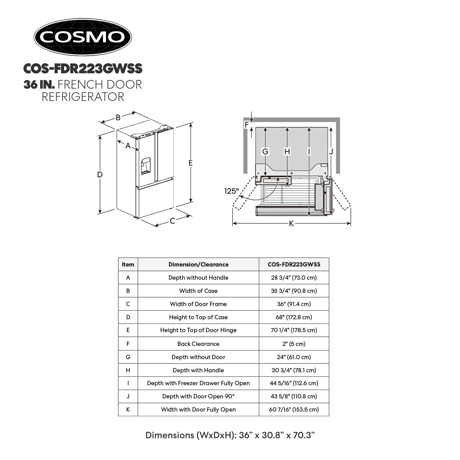 COS-FDR223GWSS 36 in. 3 French Door Refrigerator with Water Dispenser and Automatic Ice Maker in Stainless Steel, Counter Depth