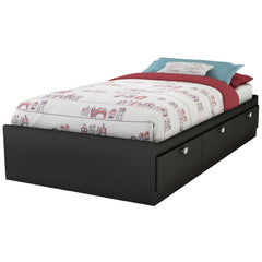A bed featuring a sturdy frame and built-in drawers for additional storage beneath the mattress.