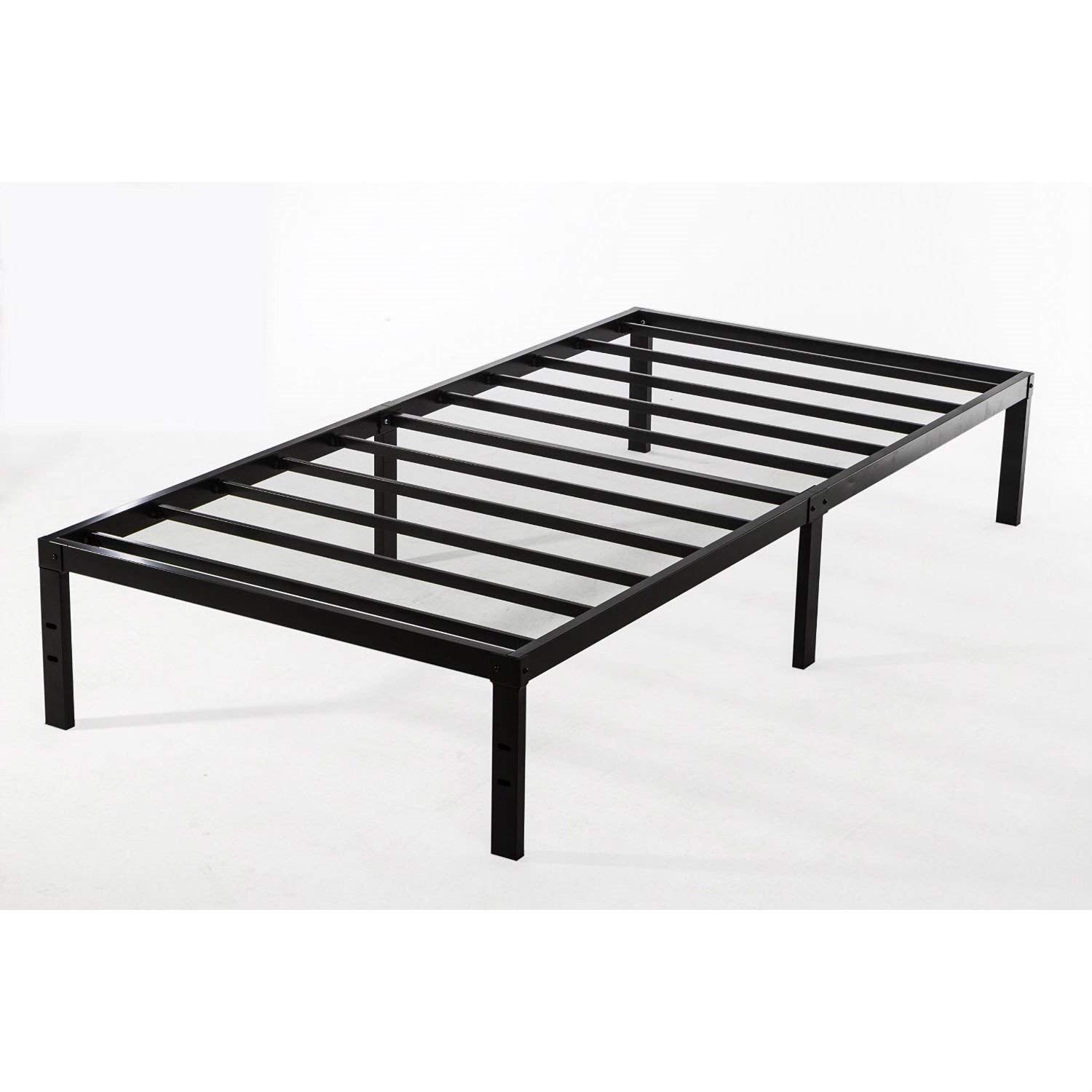  A black metal bed frame showcasing a minimalist design, perfect for contemporary bedroom decor.
