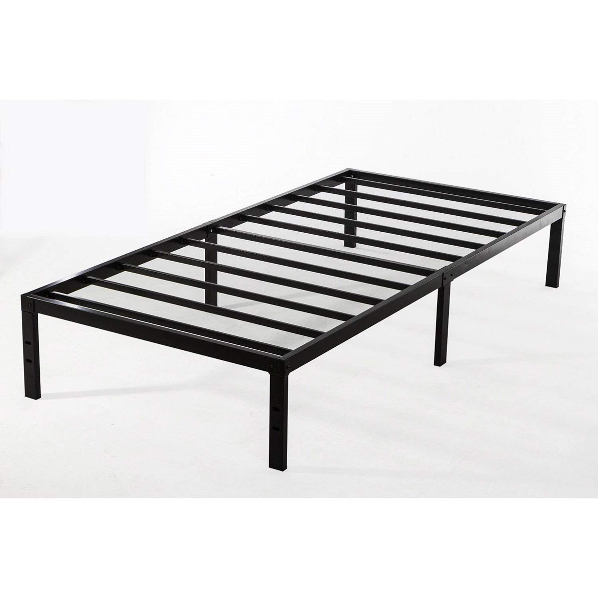  A black metal bed frame showcasing a minimalist design, perfect for contemporary bedroom decor.