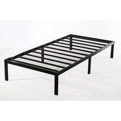  A black metal bed frame showcasing a minimalist design, perfect for contemporary bedroom decor.