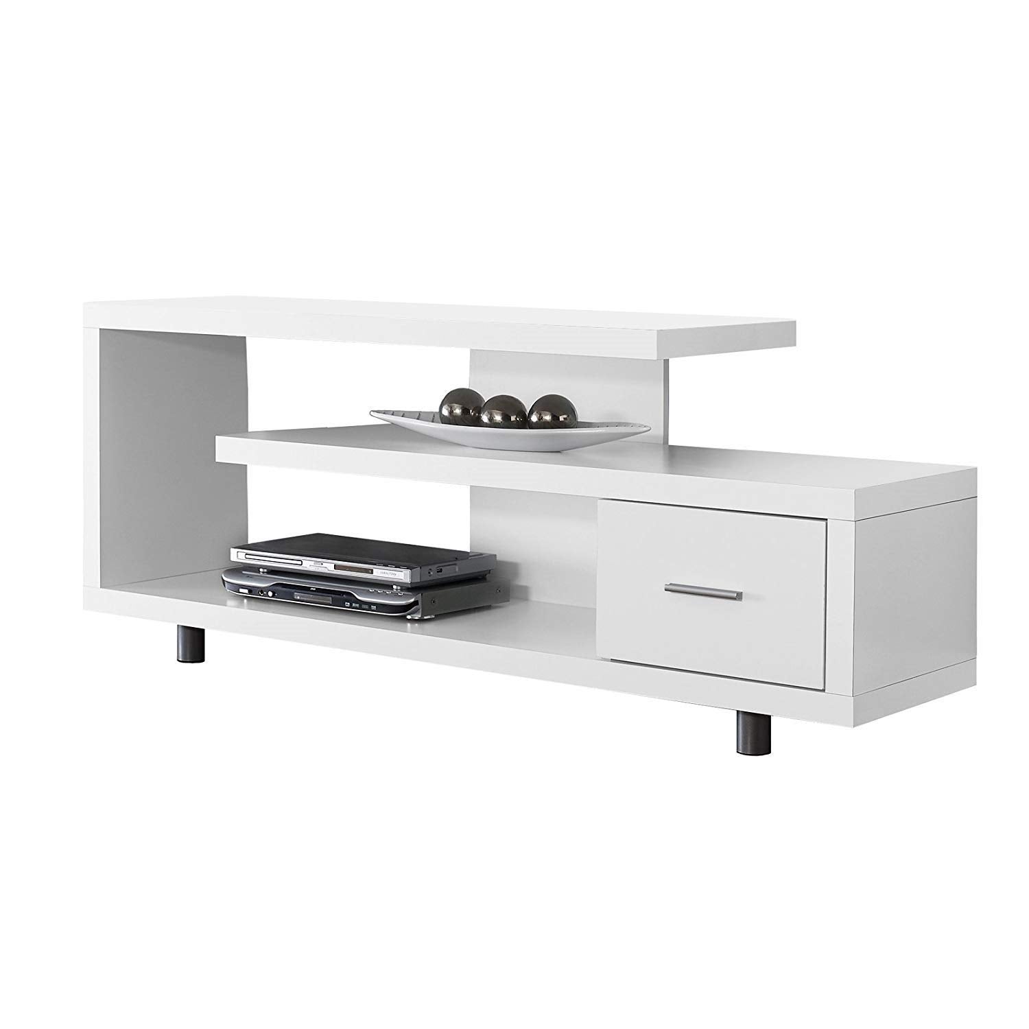 A sleek white entertainment center with a shelf above and two drawers below for organization.