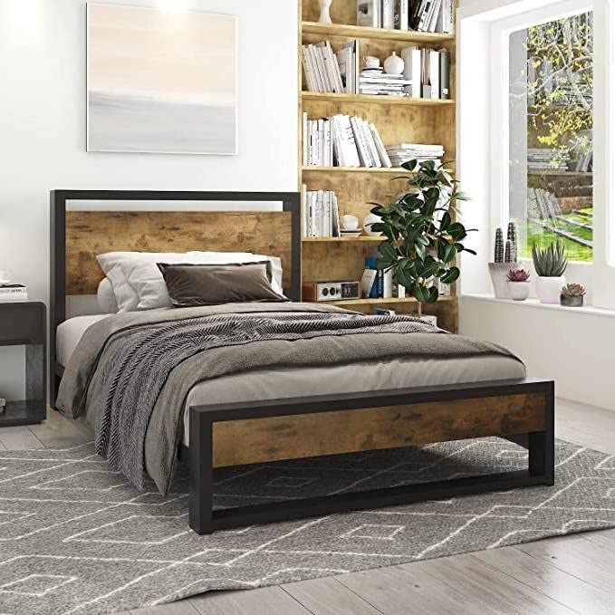 Twin Modern Farmhouse Platform Bed w/ Wood Headboard