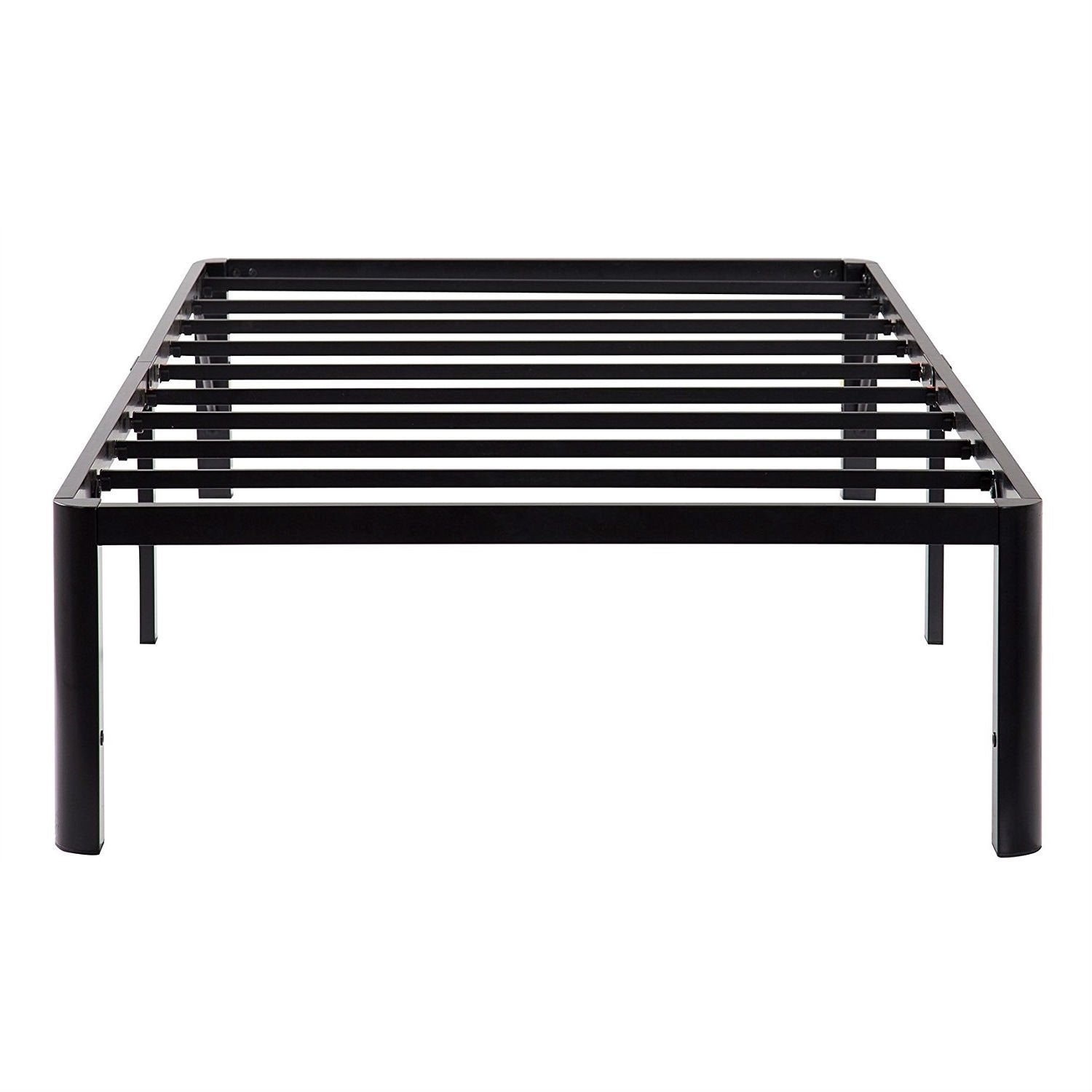 A black metal bed frame featuring slats, designed for support and style in a modern bedroom setting.