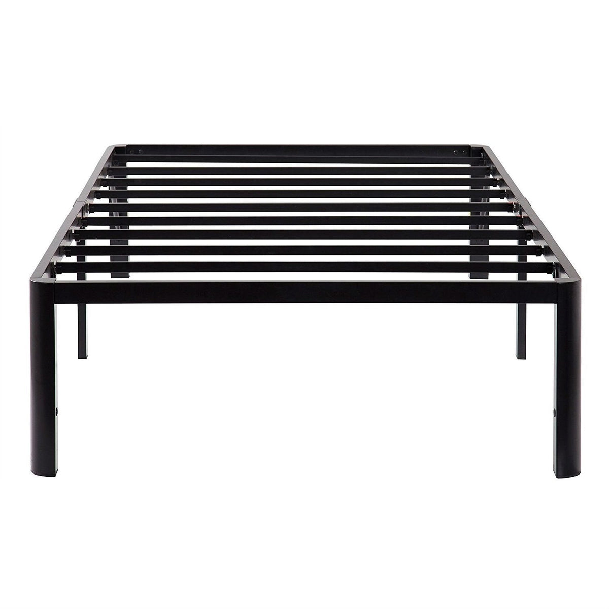 A black metal bed frame featuring slats, designed for support and style in a modern bedroom setting.