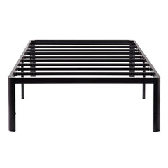 A black metal bed frame featuring slats, designed for support and style in a modern bedroom setting.