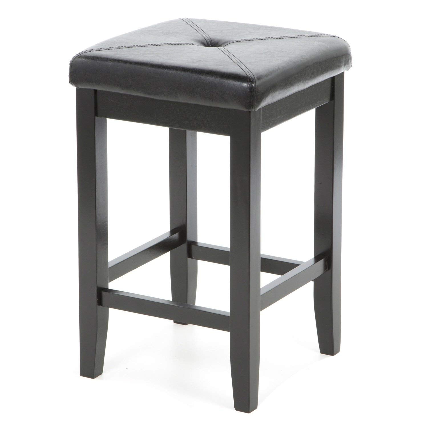 A black stool featuring a sleek leather seat, designed for comfort and modern aesthetics.