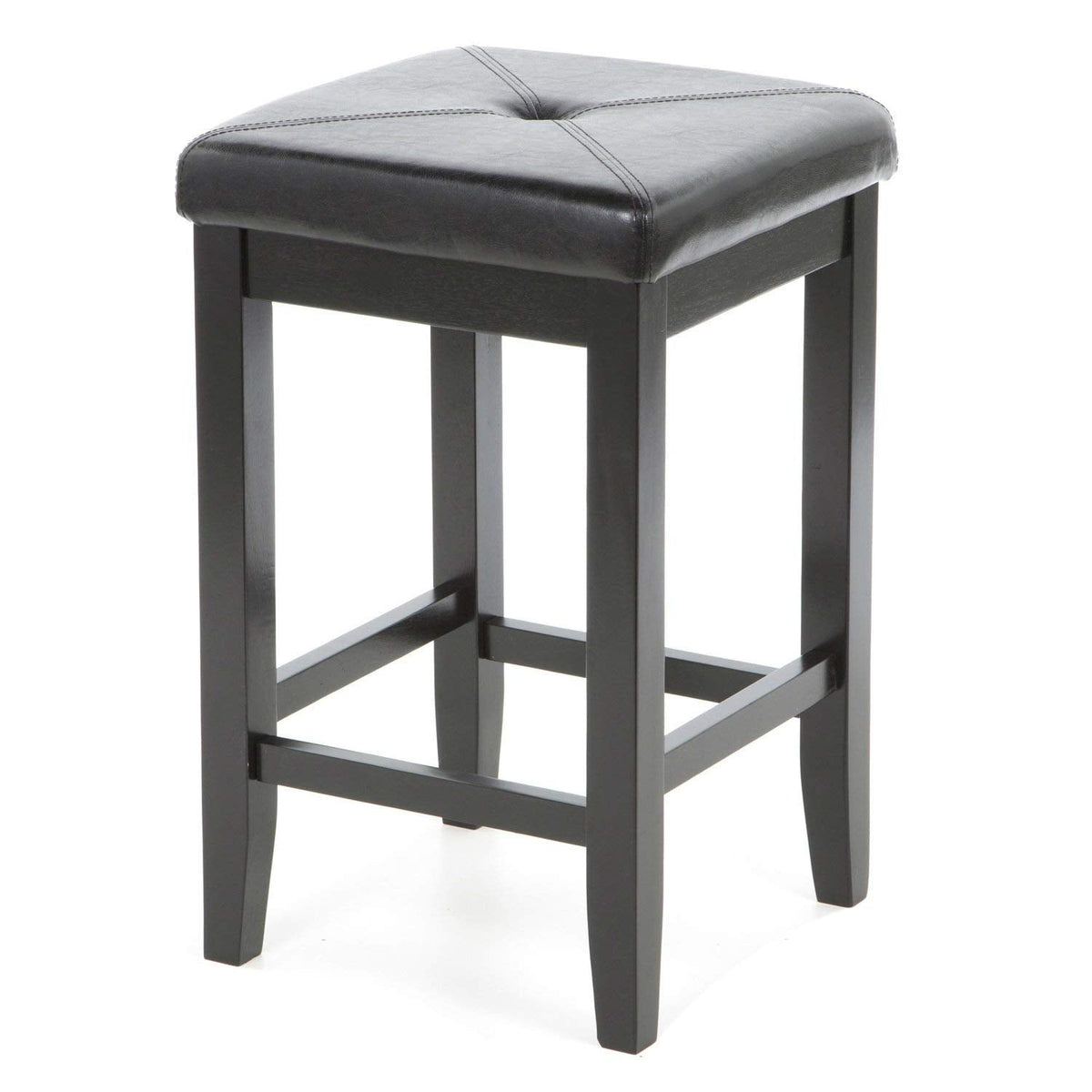 A black stool featuring a sleek leather seat, designed for comfort and modern aesthetics.