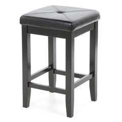 A black stool featuring a sleek leather seat, designed for comfort and modern aesthetics.