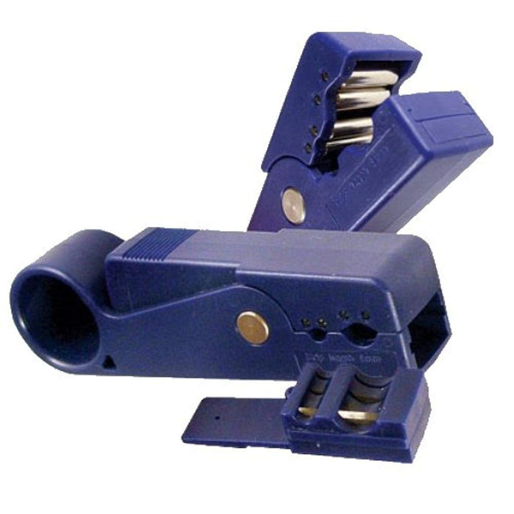 A blue plastic stapler with dual blades, ideal for securely fastening papers together.