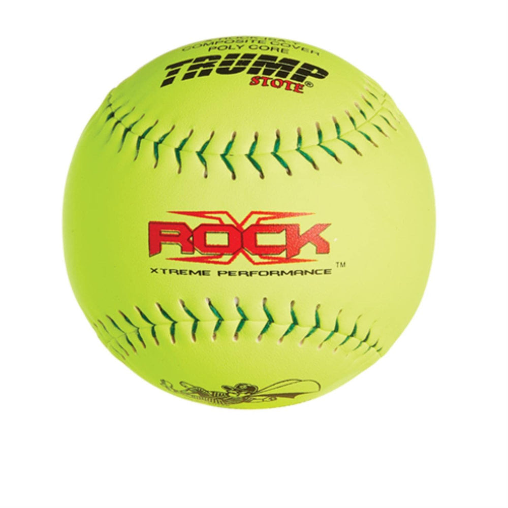 A yellow softball featuring the word rock printed on its surface.