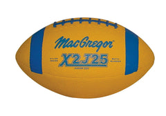 A yellow and blue football featuring the text mscrapon x - 12 prominently displayed on its surface.