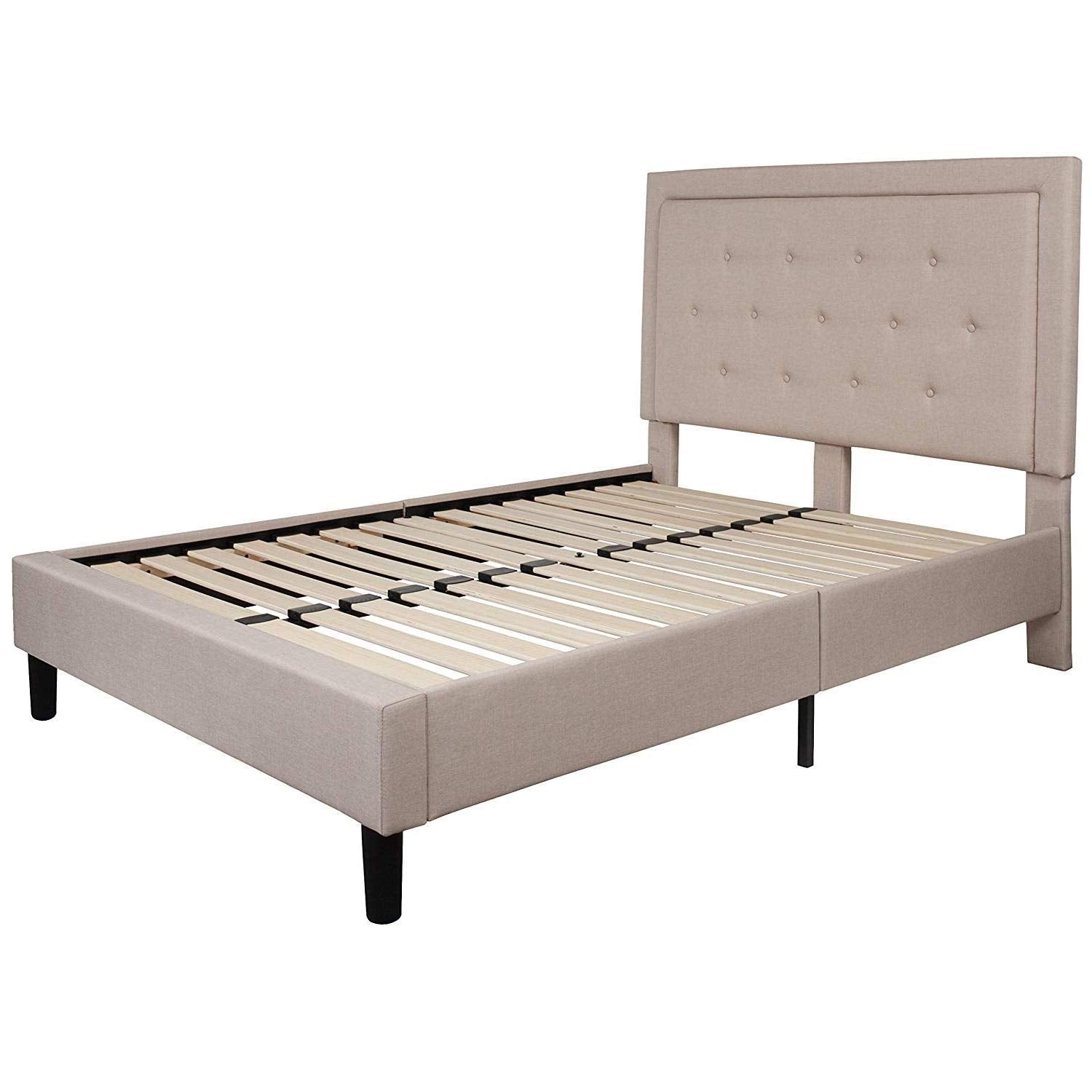 Fast Furnishings Full Beige Fabric Platform Bed w/ Tufted Headboard