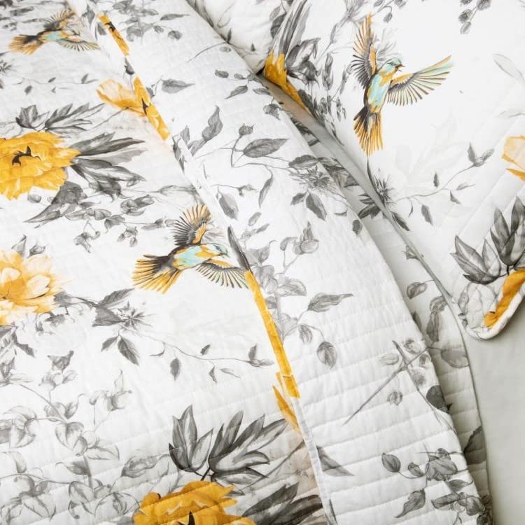 Full/Queen White Yellow Grey Birds Cotton Quilt Set