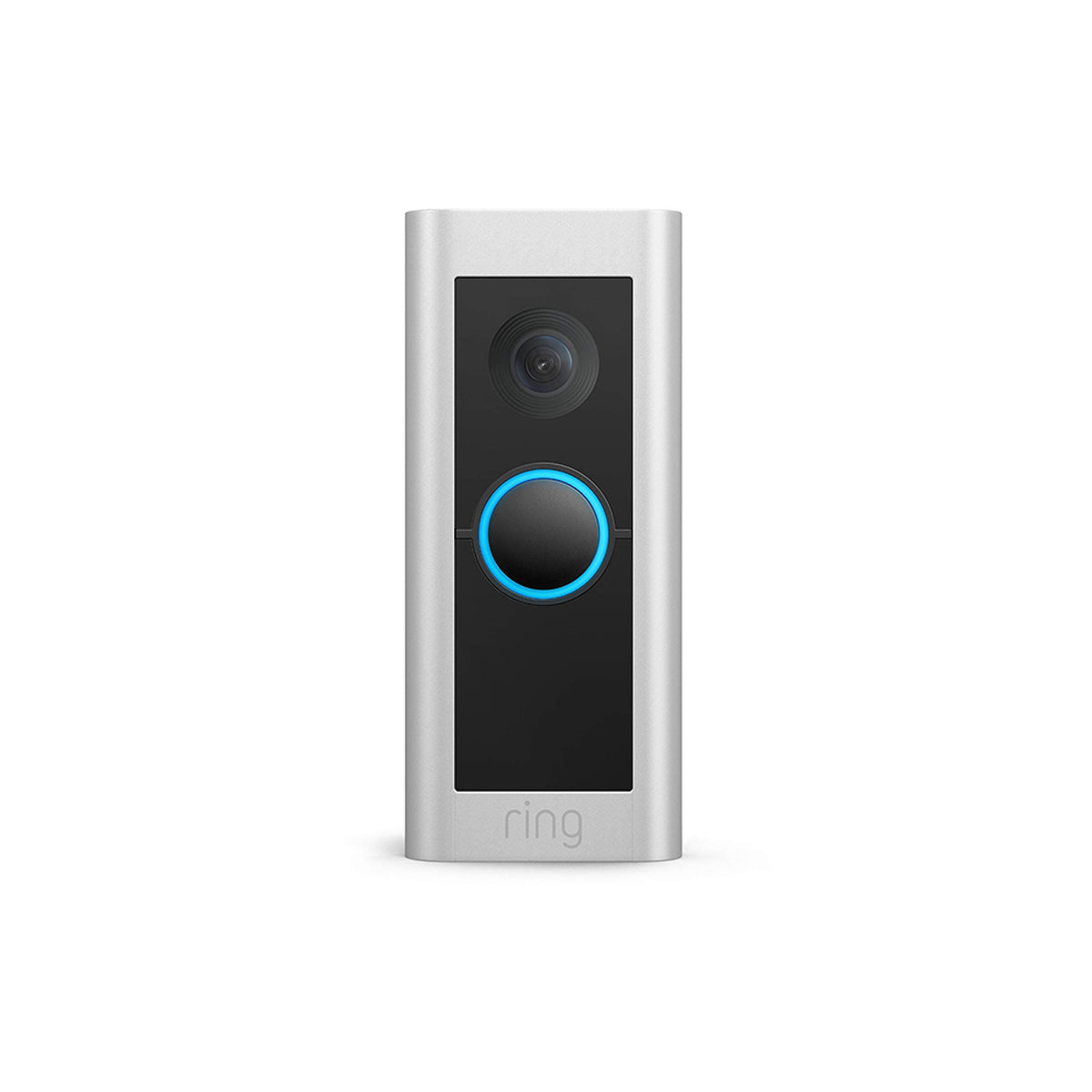 A close-up of a Ring video doorbell, showcasing its camera lens and sleek design for home security.