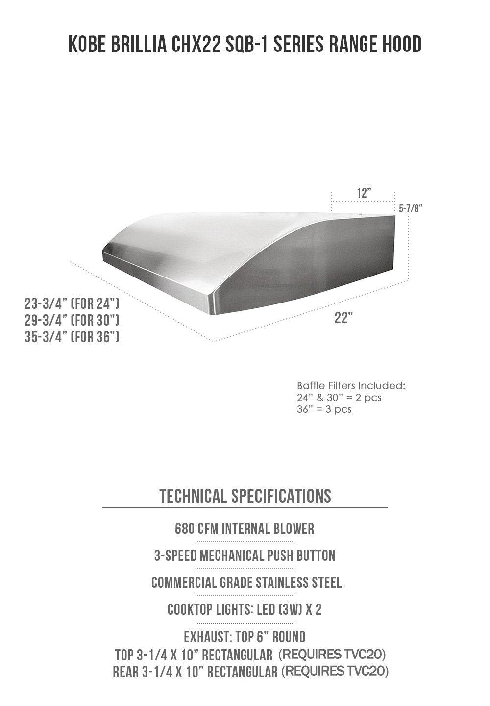 CHX2230SQB-1 Brillia 30-inch Under Cabinet Range Hood, 3-Speed, 680 CFM, LED Lights, Baffle Filters, Stainless Steel