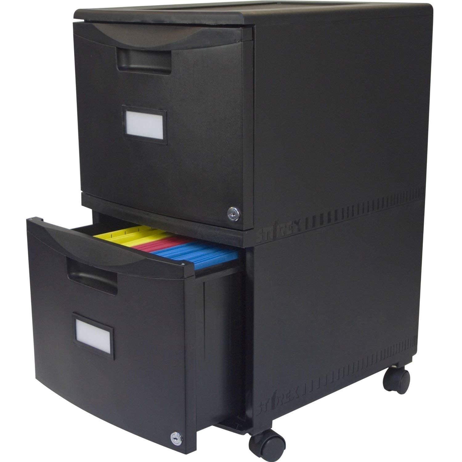  A sleek black filing cabinet with two drawers, ideal for storing files and paperwork in an office setting.