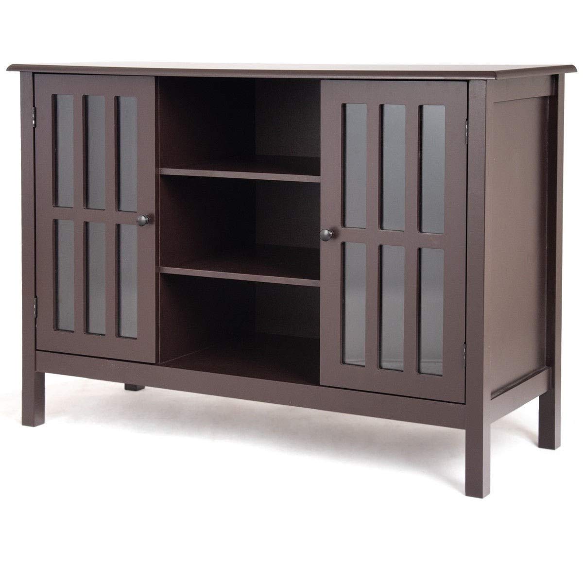 A brown wooden entertainment center with two doors, designed for media storage.